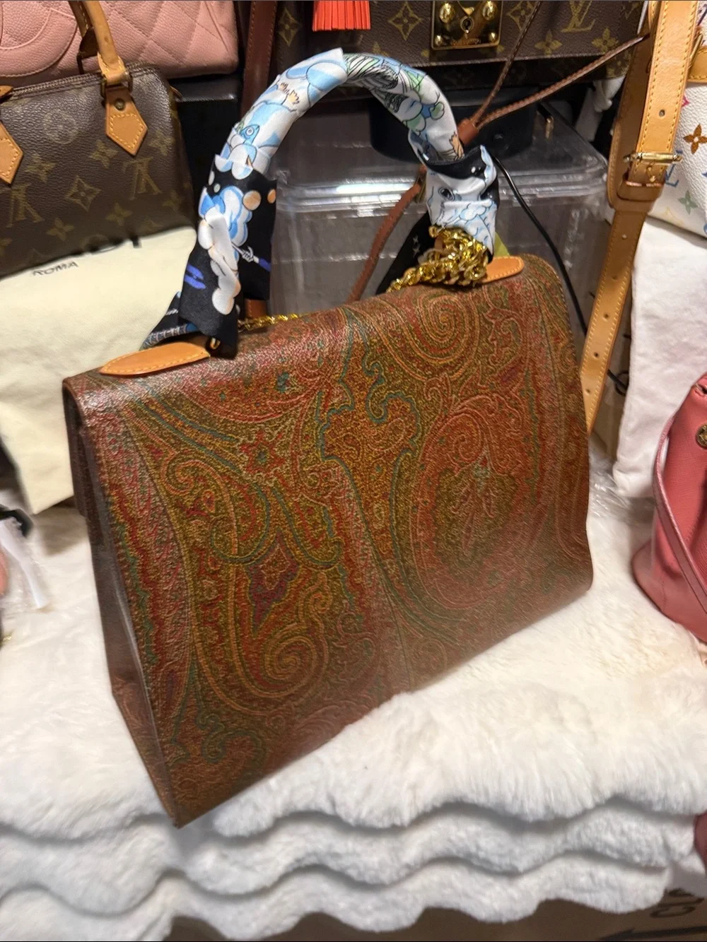 Etro Milano -Textured Brown Satchel with Scarf-Wrapped Handle and Gold Chain